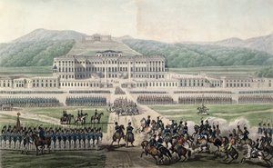 La Llegada de Napoleón Bonaparte (1769-1821) al Schloss Schonbrunn, grabado por Aubertin, c.1820 de Alexandre de la Borde